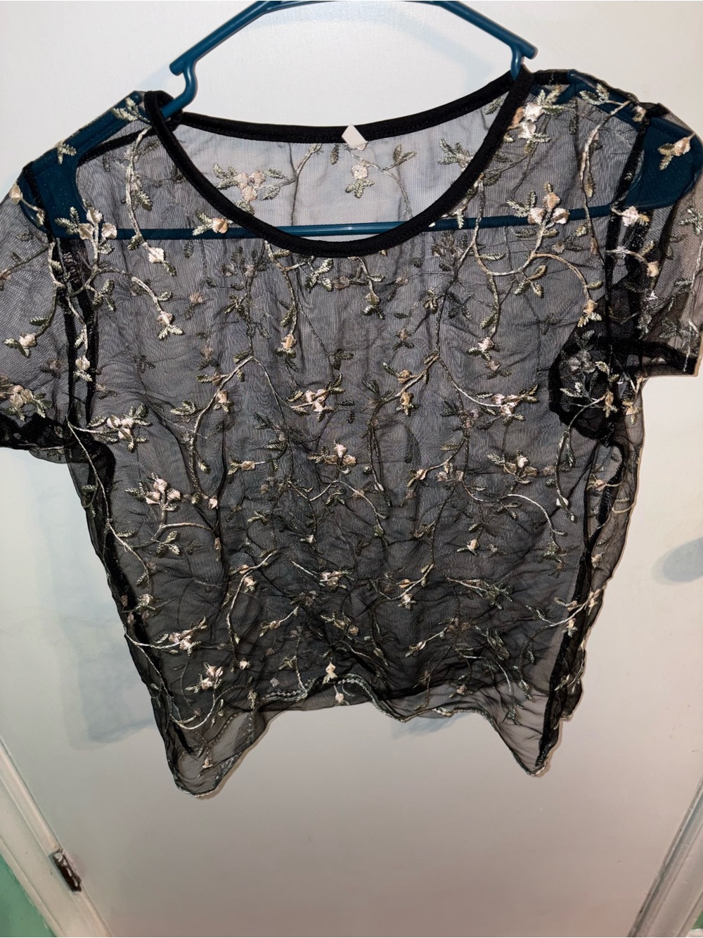 Black Sheer Embroidered Floral Short Sleeve Top